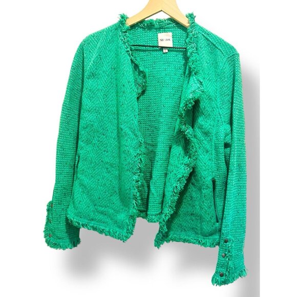 NIC+ZOE Green Tweed Fringe Trim Blazer Jacket XL Front Zipper Pockets Preppy - Picture 1 of 15